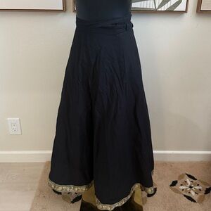 Black Adjustable Maxi Skirt with Gold Trim